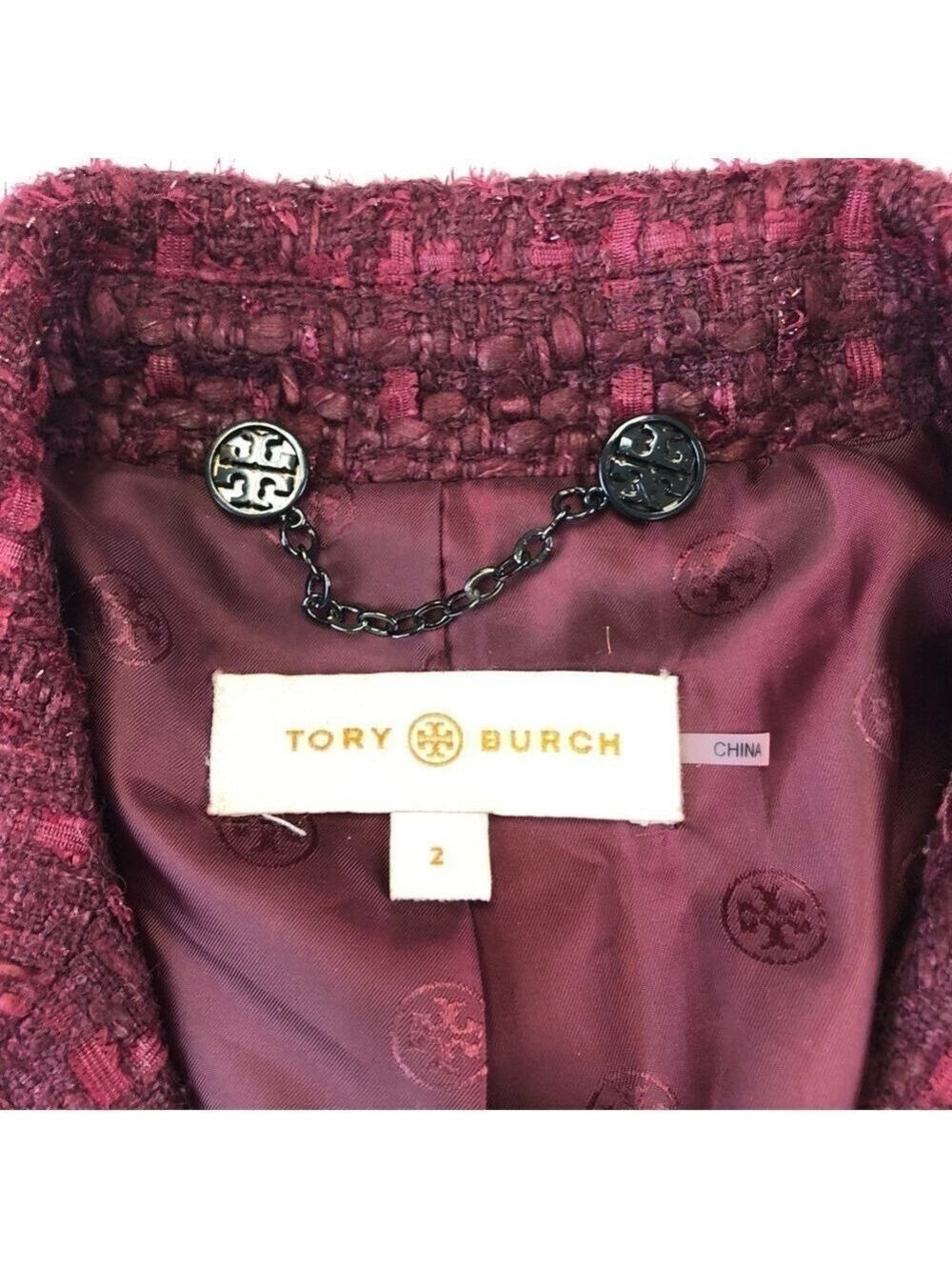 Tory Burch Patsy Glazed Tweed dark plum long line coat Size 2 appliqué embellish - Picture 3 of 14